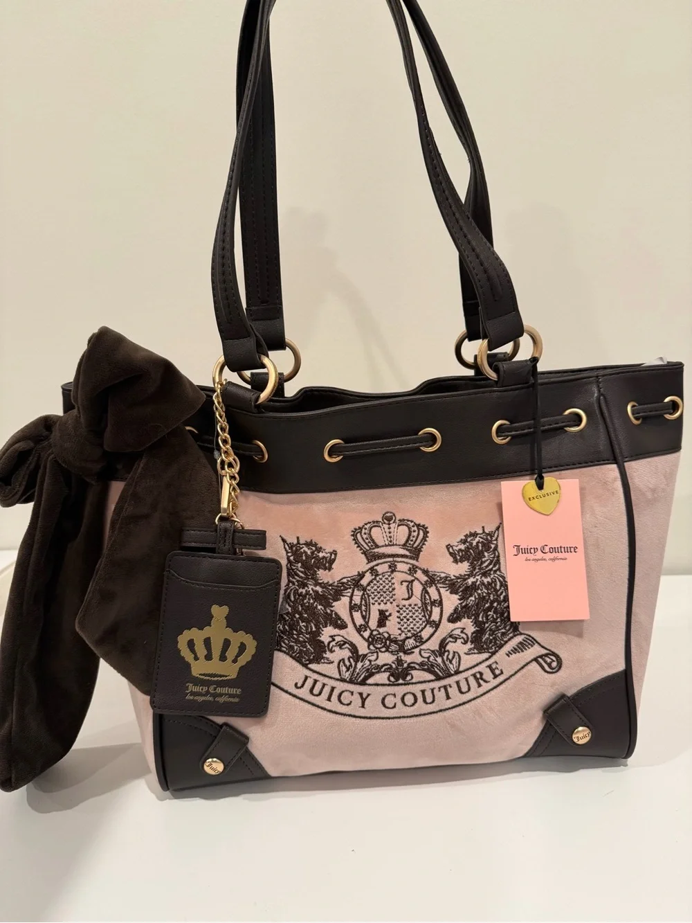 Juicy Couture Pink and Black Suede Crest Tote with Gold Accents